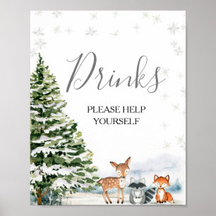Evergreen Animal Winter Onederland Drinks Sign Poster