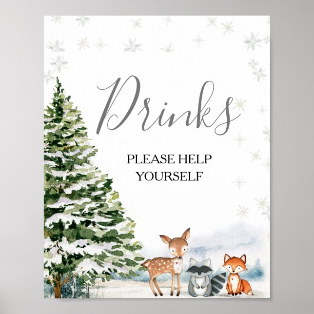 Evergreen Animal Winter Onederland Drinks Sign Poster (Vorne)