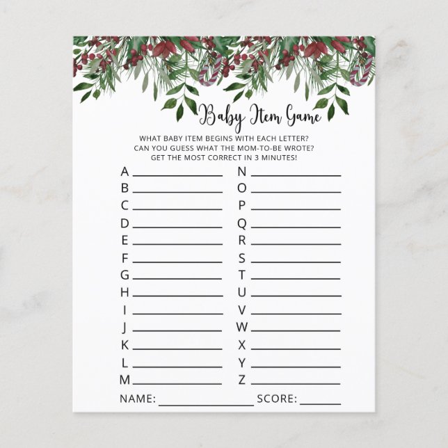 Evergreen Baby Item Game. Baby Shower Game (Vorderseite)