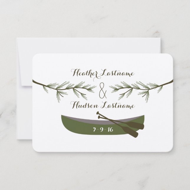 Evergreen Branches + Kanu Hochzeit Speichern Sie d Save The Date (Vorderseite)