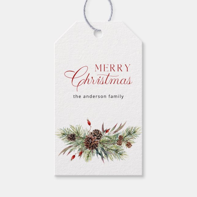 Evergreen Branches Pine Cones Frohe Weihnachten Geschenkanhänger (Vorderseite)