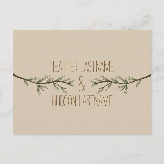 Evergreen Branches Rustic Save the Date Ankündigungspostkarte (Vorderseite)