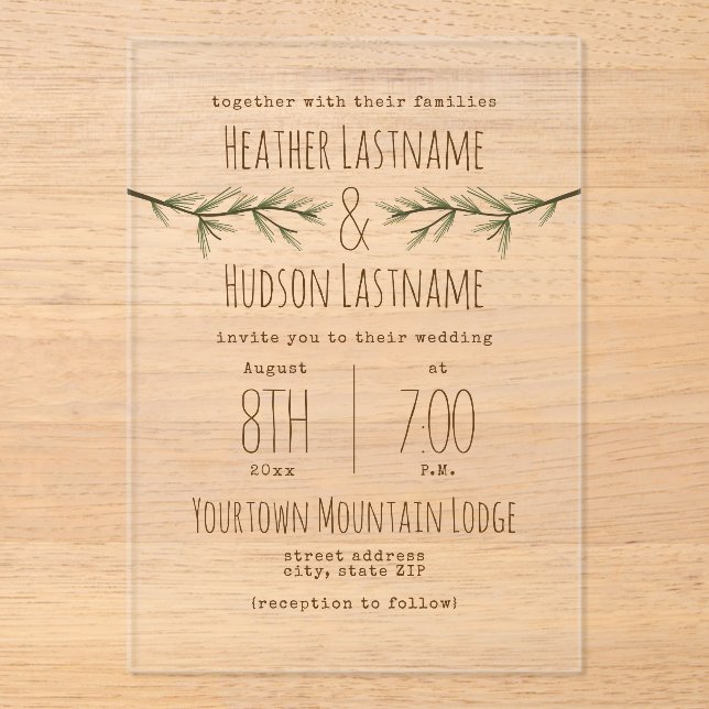 Evergreen Branches Rustic Woodland Wedding Acryleinladungen (Vorderseite)