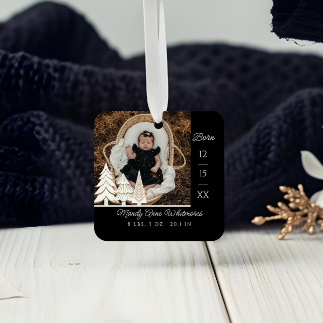 Evergreen Christmas Tree Baby Birth Stat Foto Ornament Aus Metall (Evergreen Christmas Tree Baby Birth Stat Photo Metal Ornament)