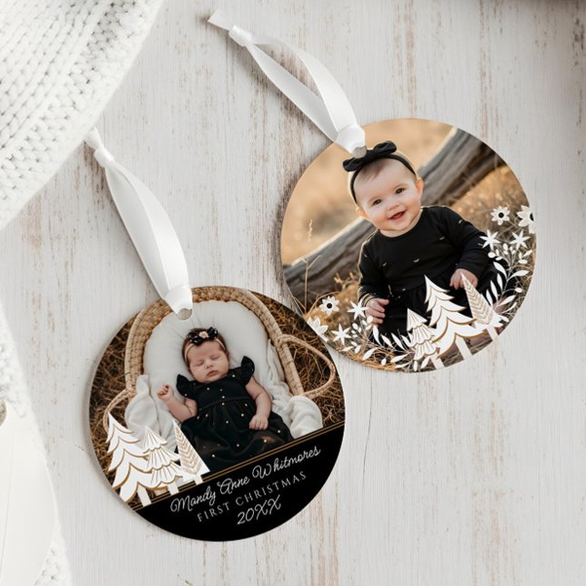 Evergreen Christmas Tree Erstes Weihnachtsfest Fot Ornament (Evergreen Christmas Tree First Christmas Photo Ornament)