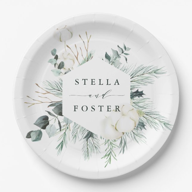 Evergreen & Cotton Blume Elegante Hexagon Hochzeit Pappteller (Vorderseite)