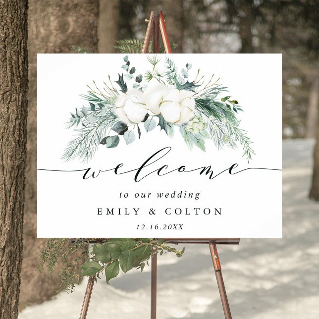 Evergreen & Cotton Blume Elegante Hochzeit Willkom Poster (Von Creator hochgeladen)