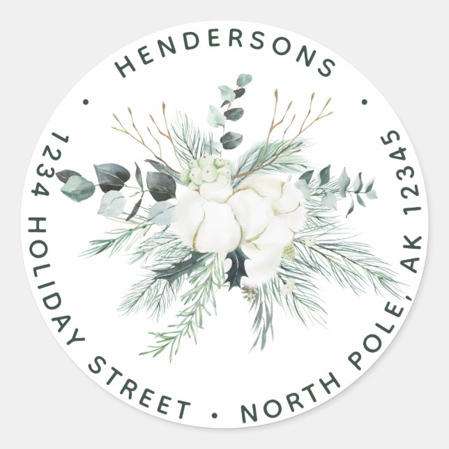 Evergreen & Cotton Blume Elegante Rücksendeadresse Runder Aufkleber (Vorderseite)