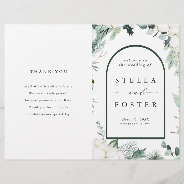 Evergreen & Cotton-Blume: Gedecktes Hochzeitsprogr (Vorderseite)