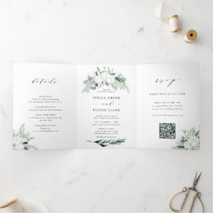 Evergreen & Cotton Blume QR Code UAWG Wedding Dreifach Gefaltete Einladung