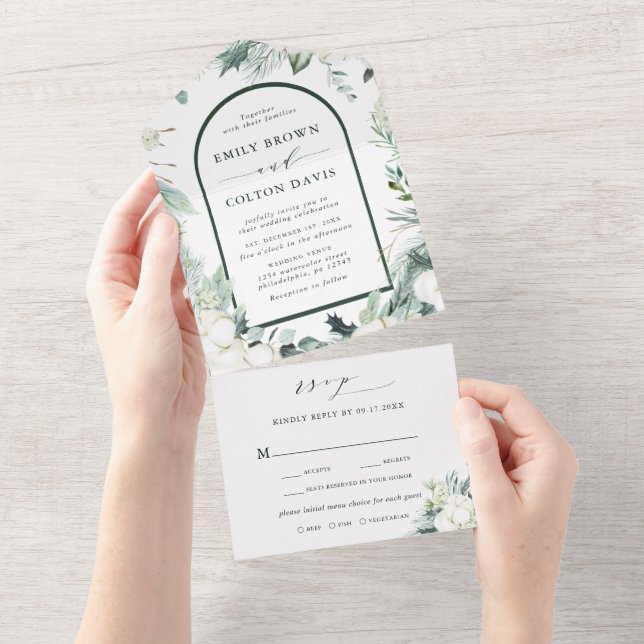Evergreen & Cotton Blume Wasserfarbenhochzeit All In One Einladung (Abreißen)
