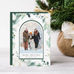 Evergreen & Cotton Flowers Arch Photo Winter  Feiertagskarte<br><div class="desc">This Christmas | Holiday card features hand-painted Christmas greenery,  cotton flowers accomplished with golden and watercolor textures and a green background on the back.</div>