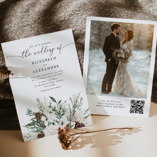 Evergreen elegante Winter Hochzeit QR Code Foto Einladung
