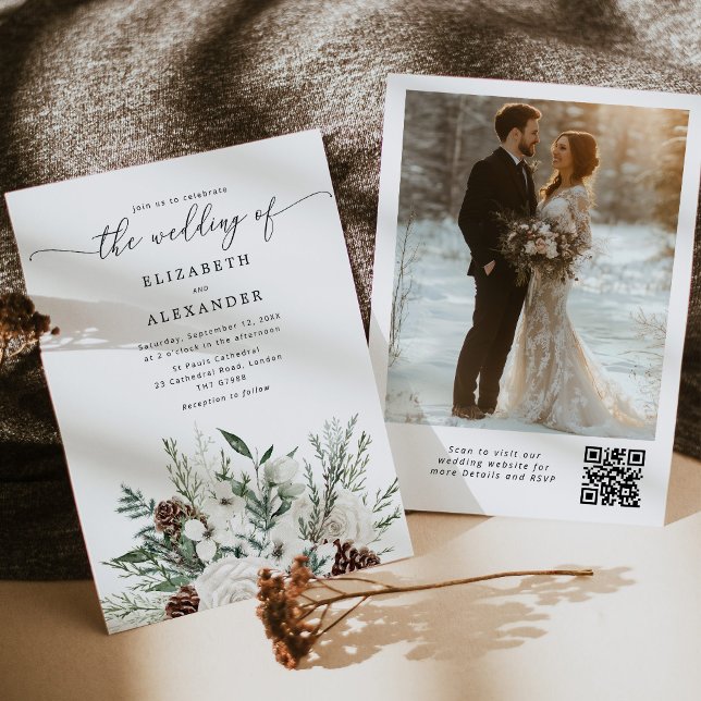 Evergreen elegante Winter Hochzeit QR Code Foto Einladung (Von Creator hochgeladen)