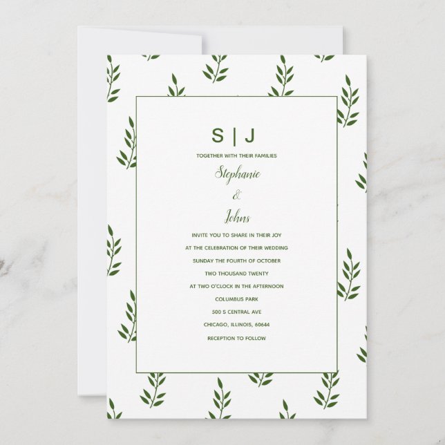 Evergreen Forest Green Leaf Monogram Wedding Einladung (Vorderseite)