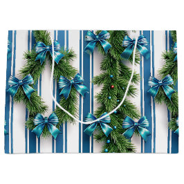 EVERGREEN GARLAND BLUE HOLIDAYS BOWS & STRIPES GROßE GESCHENKTÜTE