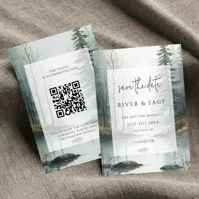 Evergreen Mist | Rustic Forest QR Save the Date (Von Creator hochgeladen)