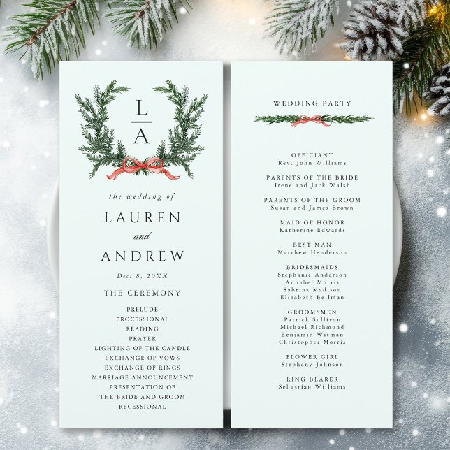 Evergreen Pine Wreath Wedding Mint Green Ceremony  Programm (Front & Back)