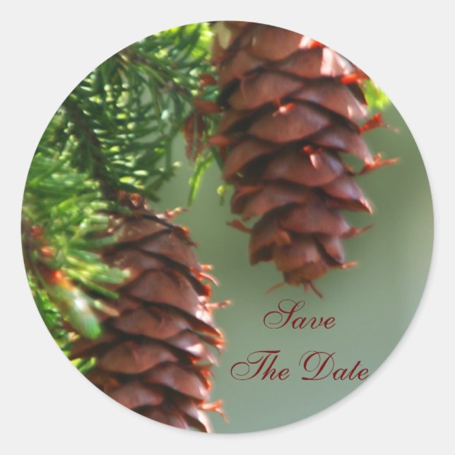 Evergreen Pinecone Save the Date Hochzeitsticker Runder Aufkleber (Vorderseite)