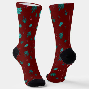 Evergreen Tree Blätter & Red Holly Berries Socken