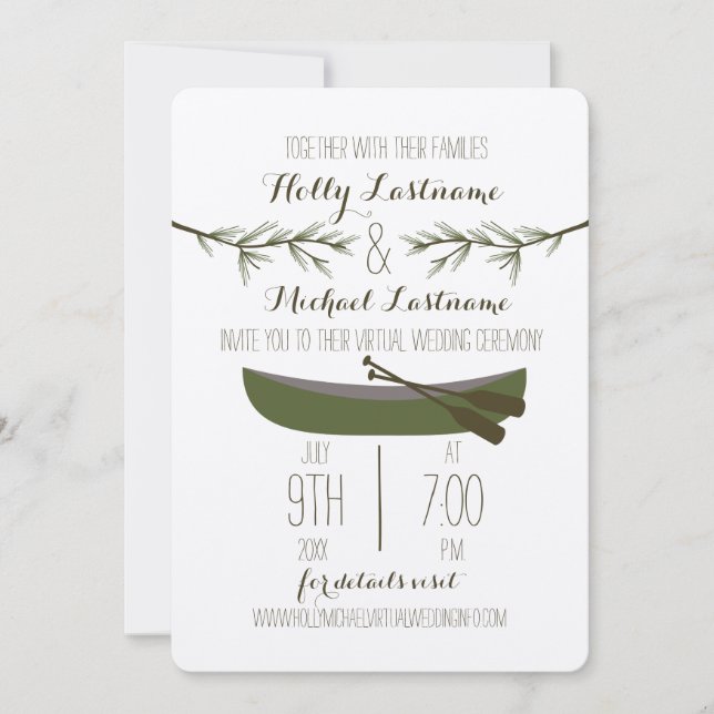 Evergreen Trees + Canoe Virtual Livestream Wedding Einladung (Vorderseite)