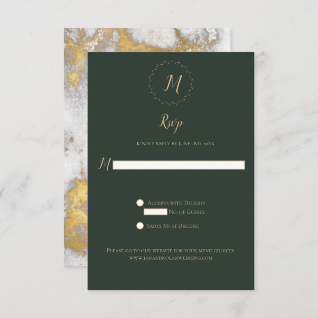 Evergreen und Gold Marble Monogram Vertikale UAWG RSVP Karte (Vorne/Hinten)