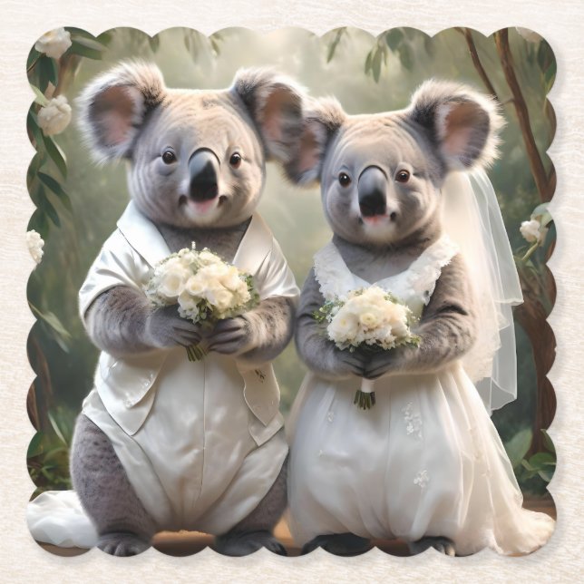 "Evergreen Vows: Eine Koala-Hochzeit in Weiß" Untersetzer (Vorderseite)