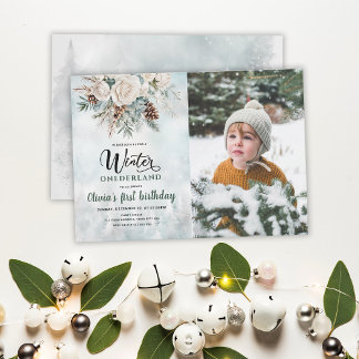 Evergreen Winter Onederland Erster Geburtstag Foto Einladung