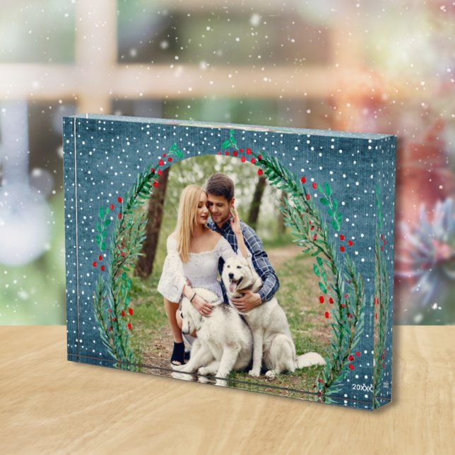 Evergreen Wreath Snow Christmas Denim Blue Fotoblock (Von Creator hochgeladen)
