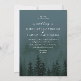 Evergreens in Foggy Forest Slate Blue Wedding Einladung