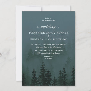 Evergreens in Foggy Forest Slate Blue Wedding Einladung