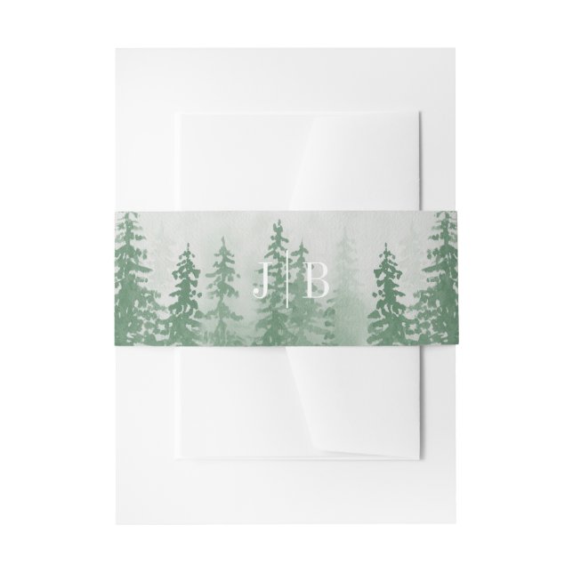 Evergreens in Forest Fog Mountain Monogram Green Einladungsbanderole (Vorderseite Beispiel)