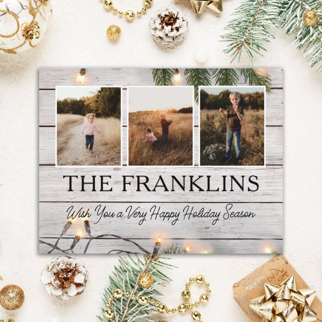 Evergreens und Rustic Wood Weihnachten Foto Postkarte (Von Creator hochgeladen)