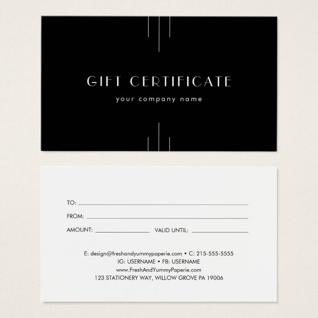 EVERLY Art Deco Black Business Gift Certificate (Vorne & Hinten)