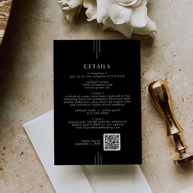 EVERLY Art Deco Black QR Code Hochzeitsdetails Begleitkarte (EVERLY Art Deco Black QR Code Wedding Details Enclosure Card)