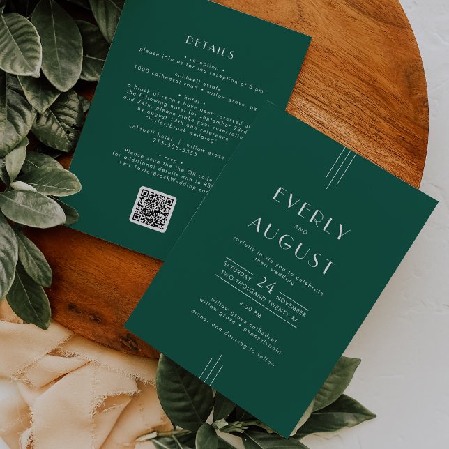 EVERLY Art Deco Emerald Green QR Code Wedding Einladung (EVERLY Art Deco Emerald Green QR Code Wedding Invitation)