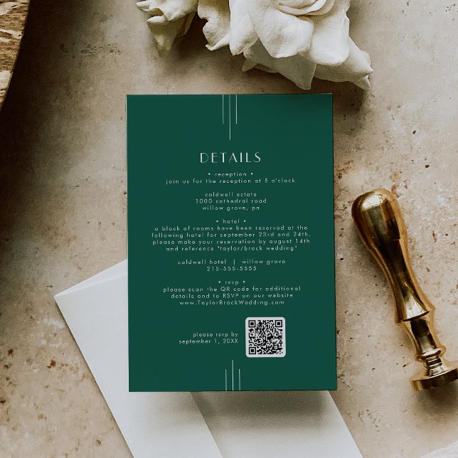 EVERLY Art Deco Emerald QR Code Wedding Details Begleitkarte (EVERLY Art Deco Emerald QR Code Wedding Details Enclosure Card)