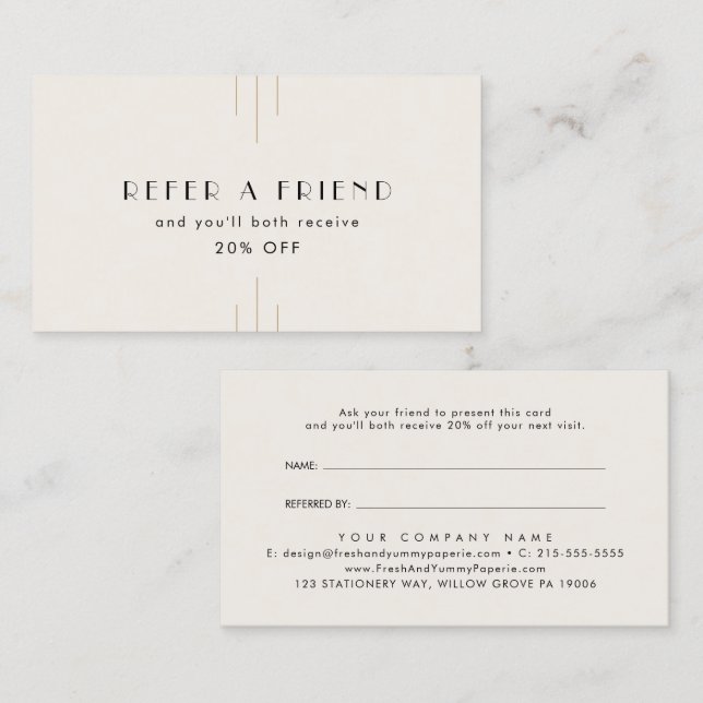 EVERLY Art Deco Ivory Gold Black Refer A Friend Empfehlungskarte (Vorne/Hinten)