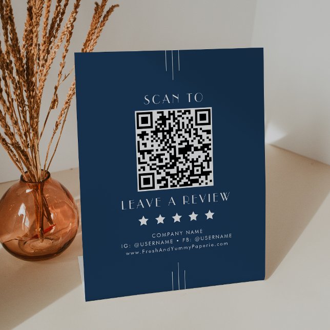 EVERLY Art Deco Navy Blau QR Code Hinterlassen Sie Sockelschild (EVERLY Art Deco Navy Blue QR Code Leave A Review Pedestal Sign)