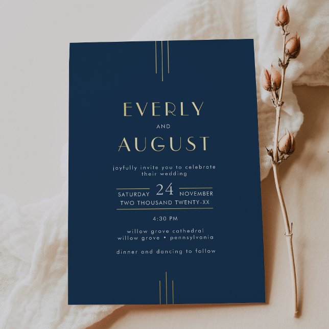EVERLY Art Deco Navy Blue and Gold Foil Wedding Folieneinladung (EVERLY Art Deco Navy Blue and Gold Foil Wedding Foil Invitation)