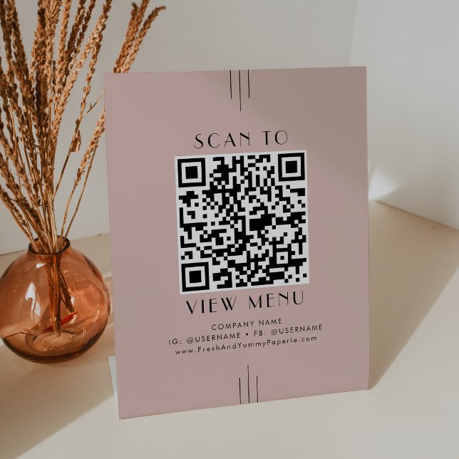 EVERLY Art Deco Rosé Restaurant Menü QR Code Sockelschild (EVERLY Art Deco Blush Pink Restaurant Menu QR Code Pedestal Sign)