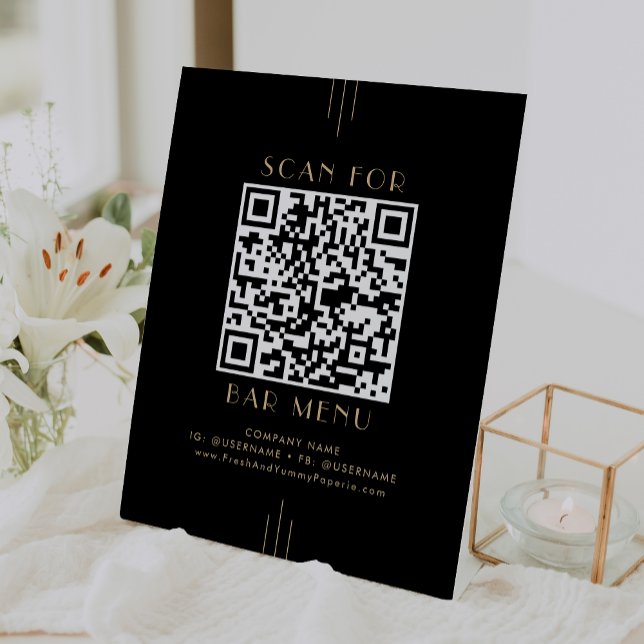 EVERLY Art Deco Schwarzes und goldenes QR-Code-Men Sockelschild (EVERLY Art Deco Black and Gold Bar Menu QR Code Pedestal Sign)