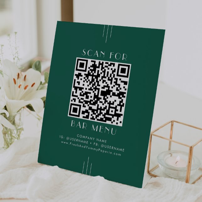 EVERLY Art Deco Smaragdgrün Bar Menu QR Code Sockelschild (EVERLY Art Deco Emerald Green Bar Menu QR Code Pedestal Sign)