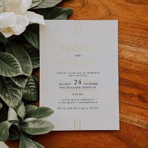 EVERLY Art Deco White Black and Gold Foil Hochzeit Folieneinladung