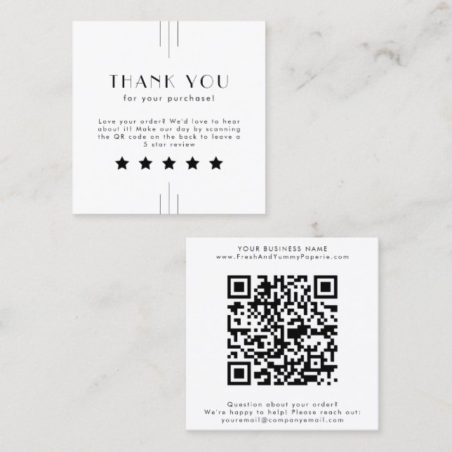EVERLY Art Deco White Black QR Code Leave A Review Quadratische Visitenkarte (Vorne/Hinten)