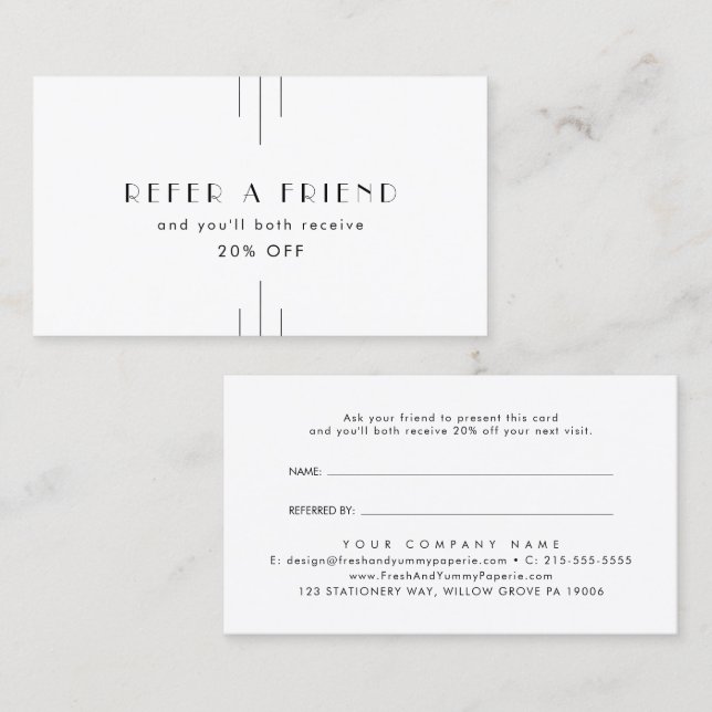 EVERLY Art Deco White Black Refer A Friend Empfehlungskarte (Vorne/Hinten)