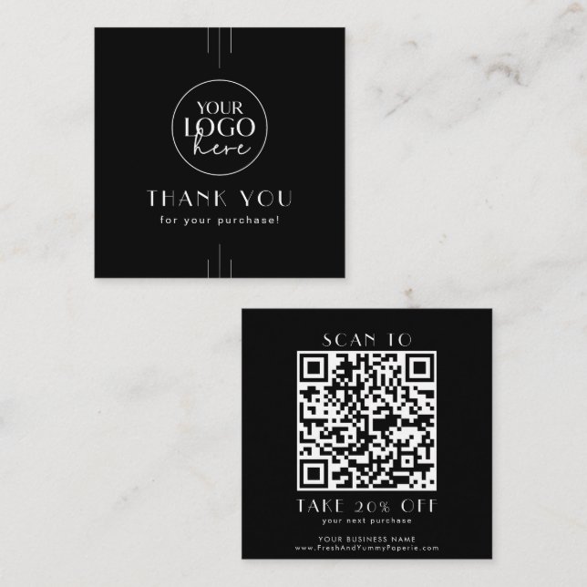 EVERLY Black Business Logo QR Code Thank You Rabattkarte (Vorne/Hinten)