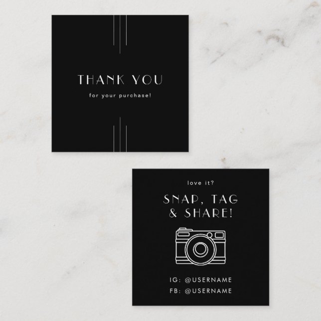 EVERLY Black Social Media Snap Share Thank You Quadratische Visitenkarte (Vorne/Hinten)
