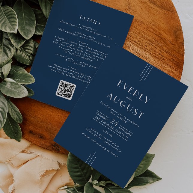EVERLY Classic Art Deco Navy Blue QR Code Wedding Einladung (EVERLY Classic Art Deco Navy Blue QR Code Wedding Invitation)