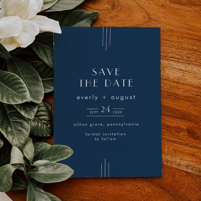 EVERLY Classic Modern Art Deco Navy Blue Wedding Save The Date (EVERLY Classic Modern Art Deco Navy Blue Wedding Save The Date)